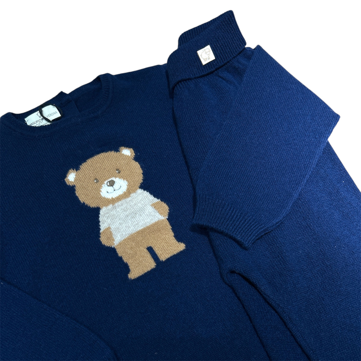 Completo maglione e pantalone orsetto blu pura lana merino ultrafine