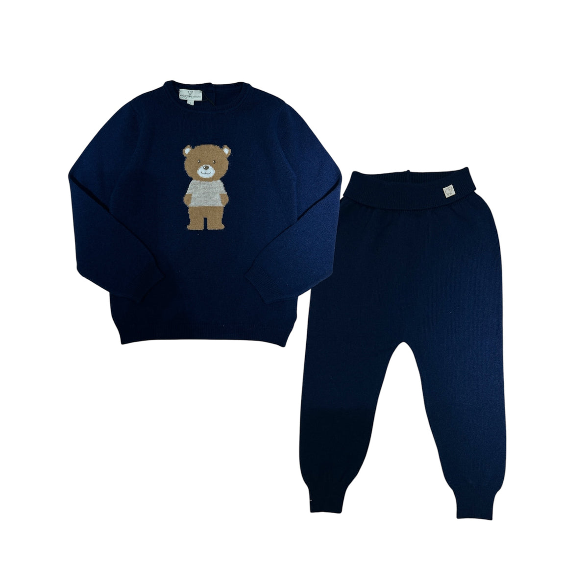 Completo maglione e pantalone orsetto blu pura lana merino ultrafine