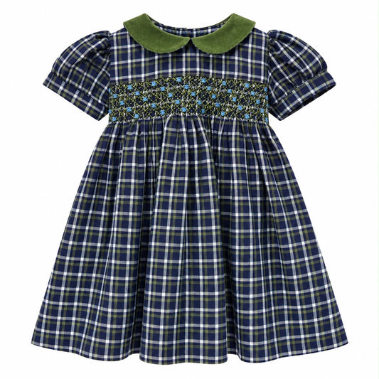 Abito scozzese punto smock e colletto in velluto verde