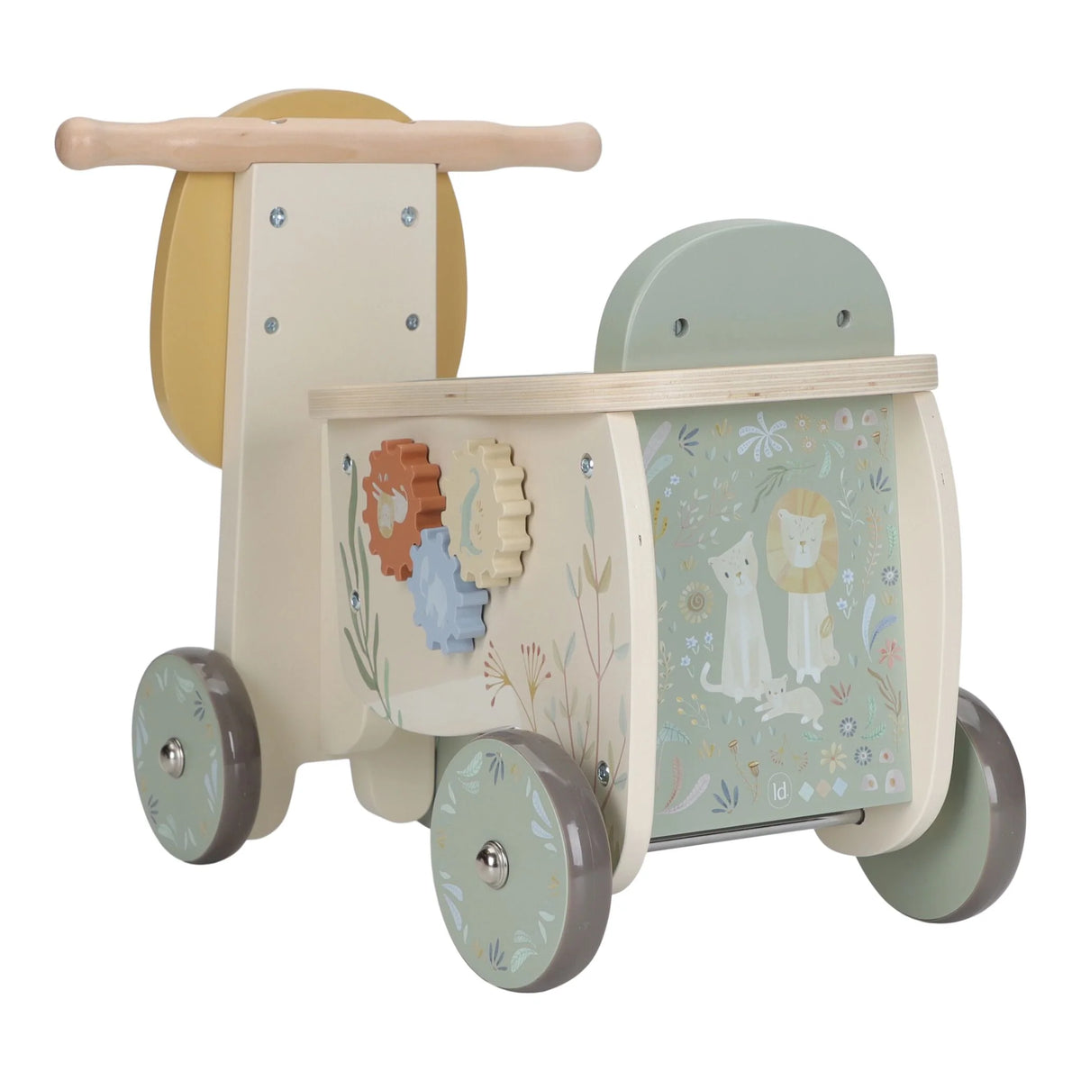 Leone cavalcabile con giochi in legno Safari Friends
