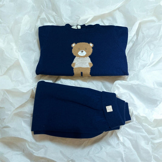 Completo maglione e pantalone orsetto blu pura lana merino ultrafine
